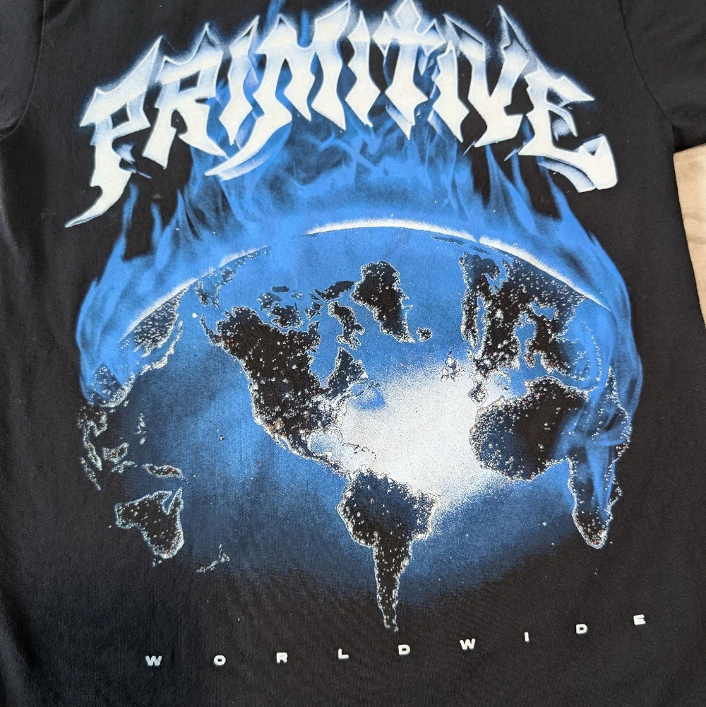 Primitive Worldwide Skateboard Black Blue Graphic Metal Punk Tee Alt Shirt Sz S - Picture 2 of 6